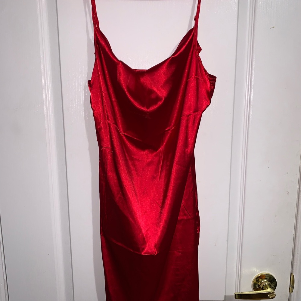 red silk dress